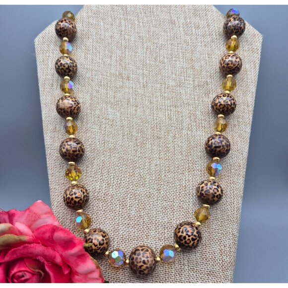 Joan Rivers Statement Necklace AB Wash Glass & Chunky Leopard Cheetah Print Bead